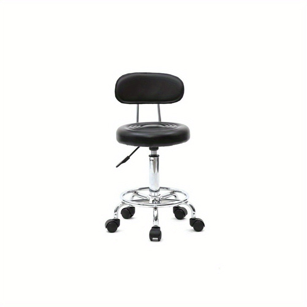 Adjustable Salon Stool with Backrest, Ring Footrest, Five Casters and Black or White Round Padded Seat