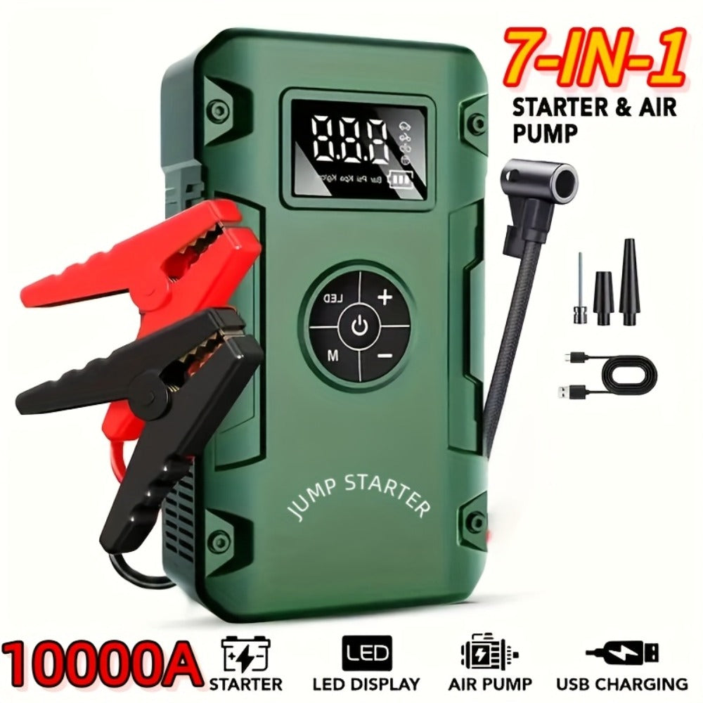 Jump Starter 10000A 7-in-1 with Air Pump – 150PSI Tire Inflator, Portable Battery Booster for Gas & Diesel, USB & USB-C Power Bank