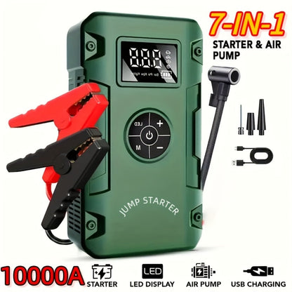 Jump Starter 10000A 7-in-1 with Air Pump – 150PSI Tire Inflator, Portable Battery Booster for Gas & Diesel, USB & USB-C Power Bank