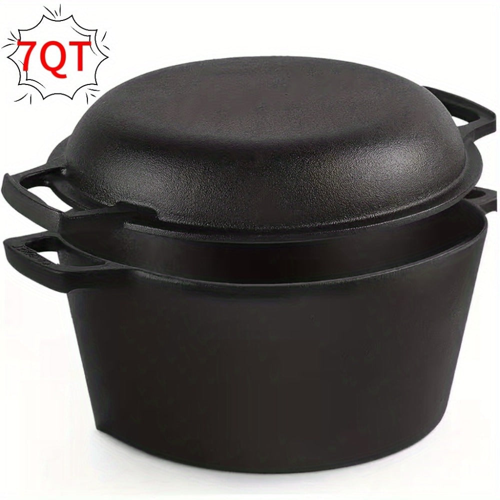 Cast Iron Dutch Oven Set 5.1QT & 7QT with Skillet Lid – Pre-Seasoned 2-in-1 Cookware for Stovetop, Induction, Oven, Campfire & BBQ
