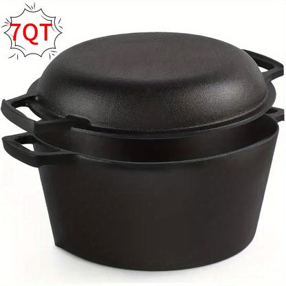 Cast Iron Dutch Oven Set 5.1QT & 7QT with Skillet Lid – Pre-Seasoned 2-in-1 Cookware for Stovetop, Induction, Oven, Campfire & BBQ