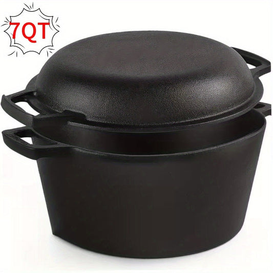 Cast Iron Dutch Oven Set 5.1QT & 7QT with Skillet Lid – Pre-Seasoned 2-in-1 Cookware for Stovetop, Induction, Oven, Campfire & BBQ