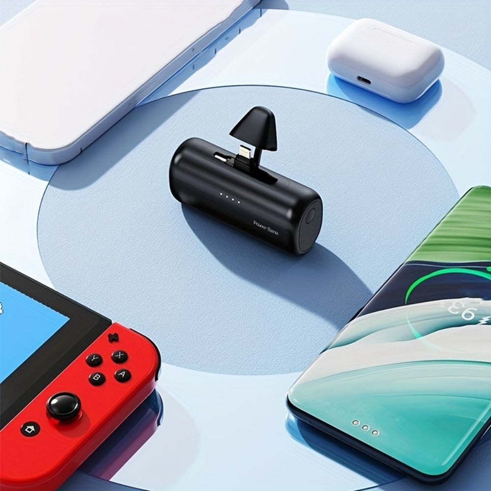 Power Bank 5000mAh Mini with Rotating 2-in-1 Lightning/USB-C Plug and Battery Indicator in Black or Pink