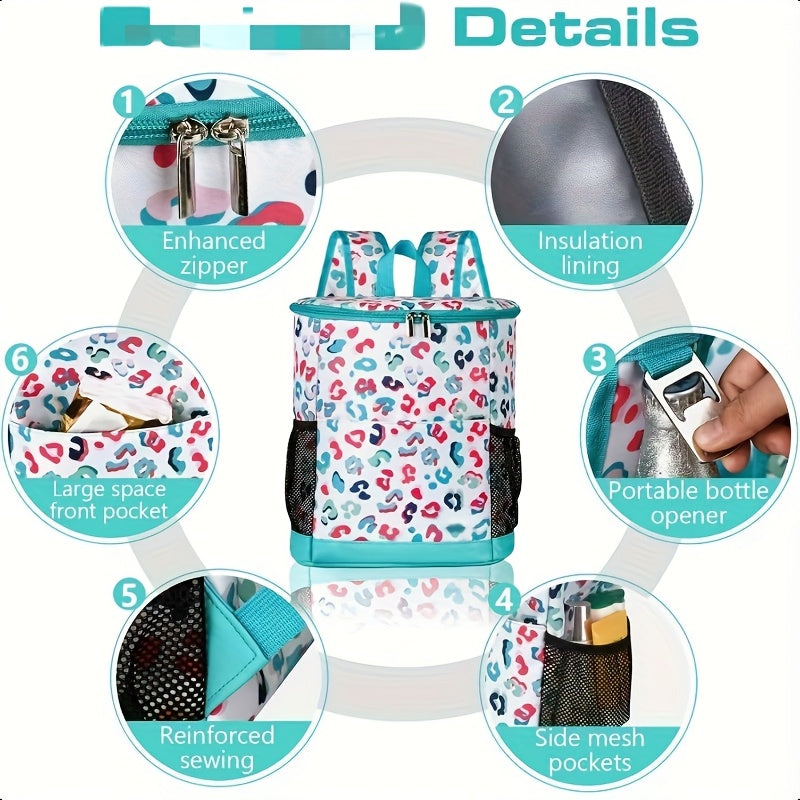 Insulated Cooler Backpack 30-Can Capacity, Leopard Print Portable Lunch Bag with Mesh Side Pockets & Adjustable Straps