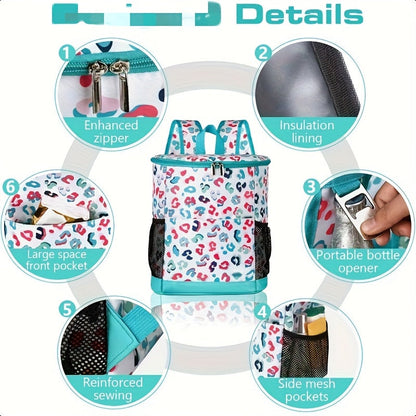 Insulated Cooler Backpack 30-Can Capacity, Leopard Print Portable Lunch Bag with Mesh Side Pockets & Adjustable Straps