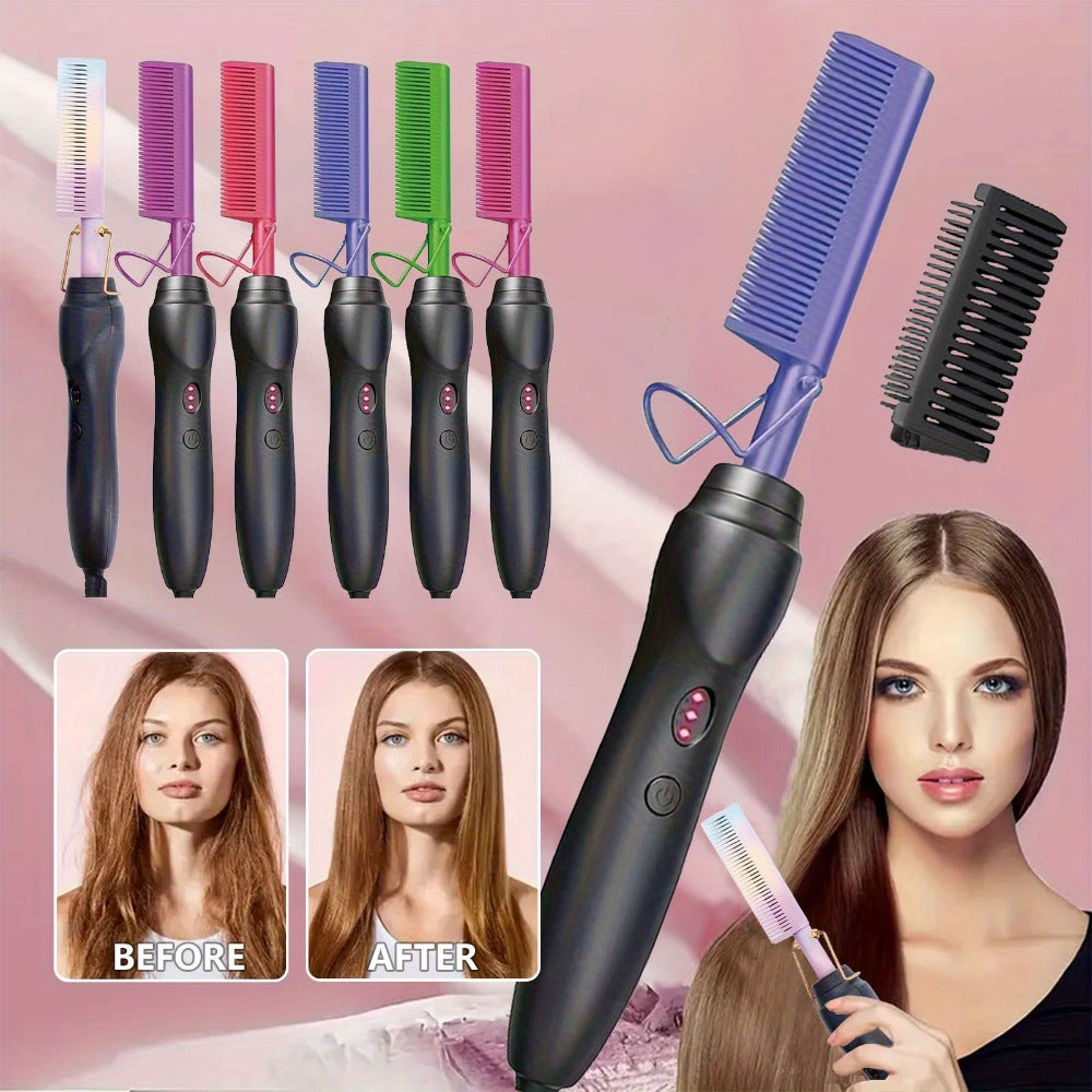 Electric Hot Comb Hair Styling Tool with Ceramic Heater, Holder, Two Clips and Five Color Options