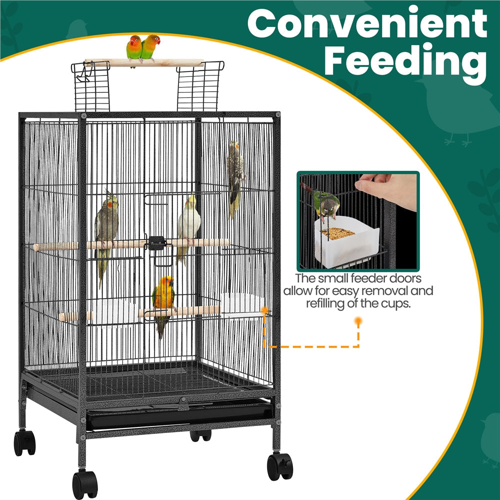 Bird Cage with Rolling Stand Open Top 31 Inch Wrought Iron Black – Slide Out Tray Feeder Doors, for Everyday Bird and Small Animal Care