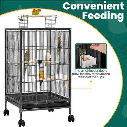 Bird Cage with Rolling Stand Open Top 31 Inch Wrought Iron Black – Slide Out Tray Feeder Doors, for Everyday Bird and Small Animal Care