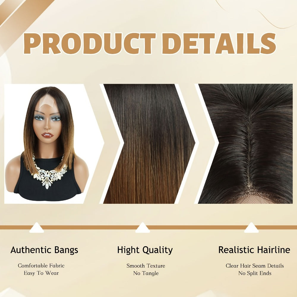 Synthetic Wig 13x2 U-Part Lace Front Straight Bob, 12-Inch Ombre Black-Brown for Daily Styling