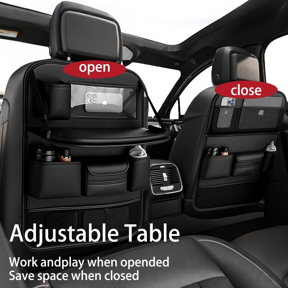 Car Backseat Organizer with Foldable Table Tray & Tablet Holder – PU Leather Seat Back Protector Kick Mat