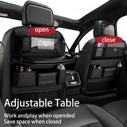 Car Backseat Organizer with Foldable Table Tray & Tablet Holder – PU Leather Seat Back Protector Kick Mat