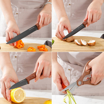 Seven-Piece Kitchen Knife Set with Five Dark Blades, Scissors, Wood-Look Handles and Storage Block
