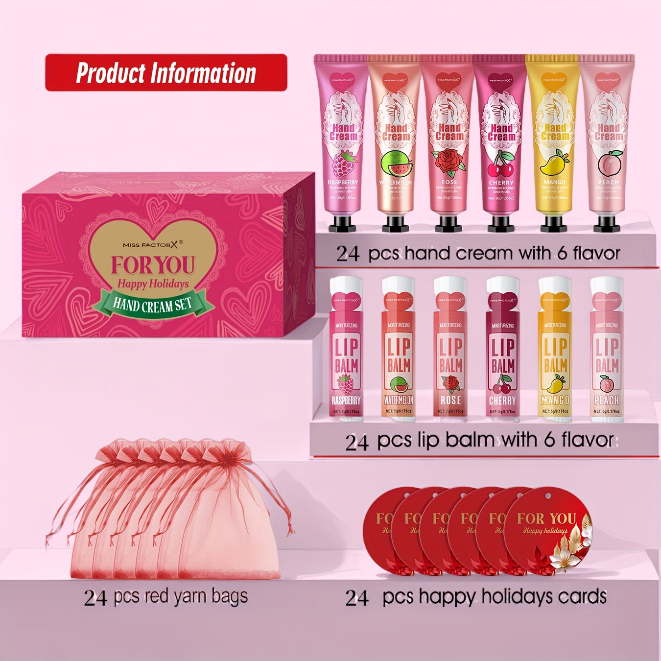 Wedding Party Favor Beauty Gift Set 96pcs, Bulk Women's Gift Box with Hand Cream, Lipstick, Red Bag & Card