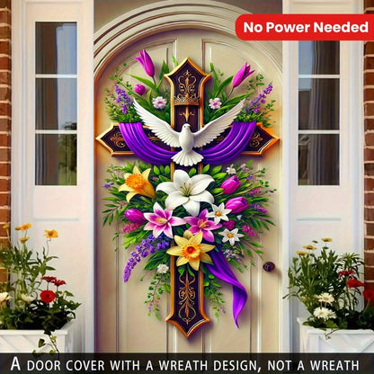 Easter Door Curtain Decoration 35.4x70.8 Inch, Colorful Spring Door Hanging with Dove Floral Cross Pattern
