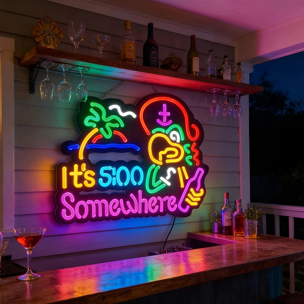 Neon Light Sign Beer O'Clock It's 5 O'Clock Somewhere Bar Sign LED Wall Decor for Man Cave Home Bar Pub Game Room Party Birthday Bedroom