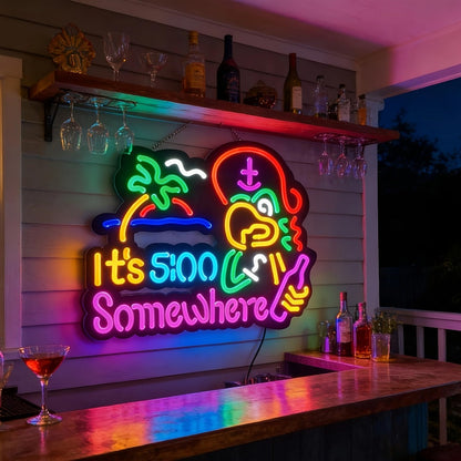 Neon Light Sign Beer O'Clock It's 5 O'Clock Somewhere Bar Sign LED Wall Decor for Man Cave Home Bar Pub Game Room Party Birthday Bedroom