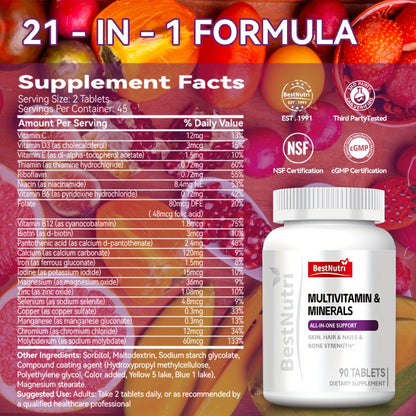 Multivitamin & Minerals All-in-One Daily Supplement for Skin, Hair & Nails, Bone Strength & Immune Support
