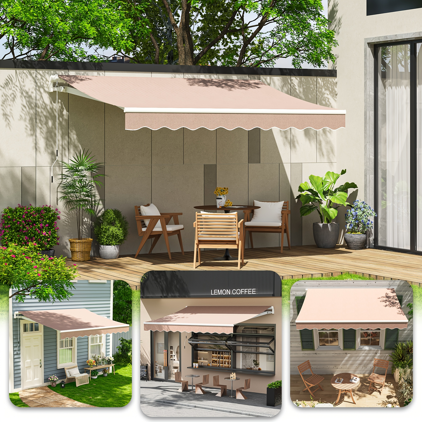 Retractable Awning Patio Manual Crank Aluminum UPF80+ for Garden, Patio and Yard Use, with the Listed Configuration