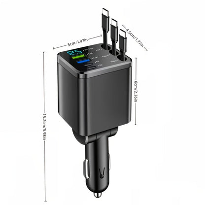 7-in-1 Car Fast Charger with 3 Retractable Cables, LED Digital Display, 180° Adjustable Arm, Universal Plug