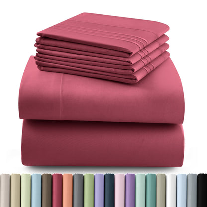 Fitted Sheet Set 6-Piece Brushed Polyester Deep Pocket Bed Sheets 20 Colors Hotel Luxury Bedding with Embroidered Pillowcases