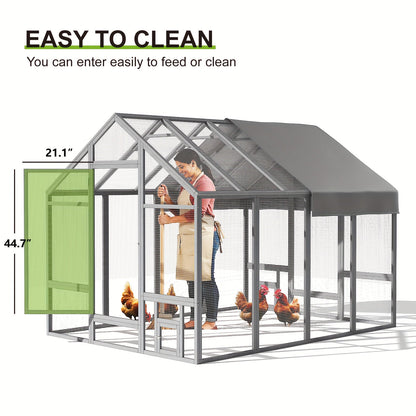 Walk-In Chicken Coop 96" Extra Large with Movable Fence, Outdoor Wooden Poultry Cage with Cover, Nesting Box & Walk-In Run for Farm