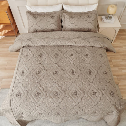 Quilt Set 3 Piece Floral Embroidery Bedspread – 100% Polyester Wrinkle Resistant Lightweight Quilted Coverlet with 2 Pillow Shams for Full