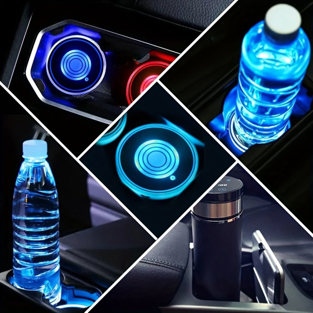 LED Neon Car Cup Holder Coasters – 7 Color USB Rechargeable Glowing Cup Mats, Ambient Light for Car Interior, Bar & Home Decor (Set of 2
