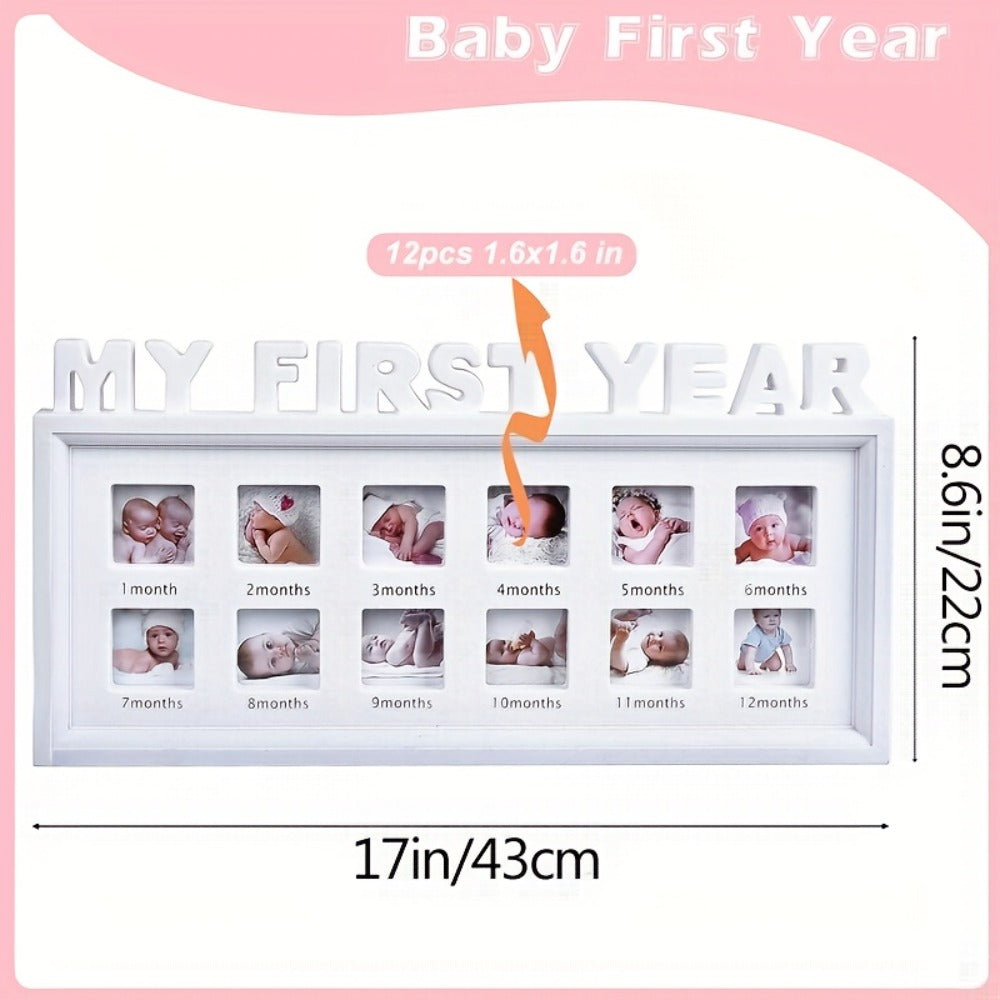 Baby First Year Picture Frame Newborn Memory Keepsake - White Photo Frame Gift for New Mom with Milestone Display