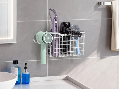 Hanging Hair Tool Organizer with Adjustable Mounting Height, Wire Basket and Black or White Finish