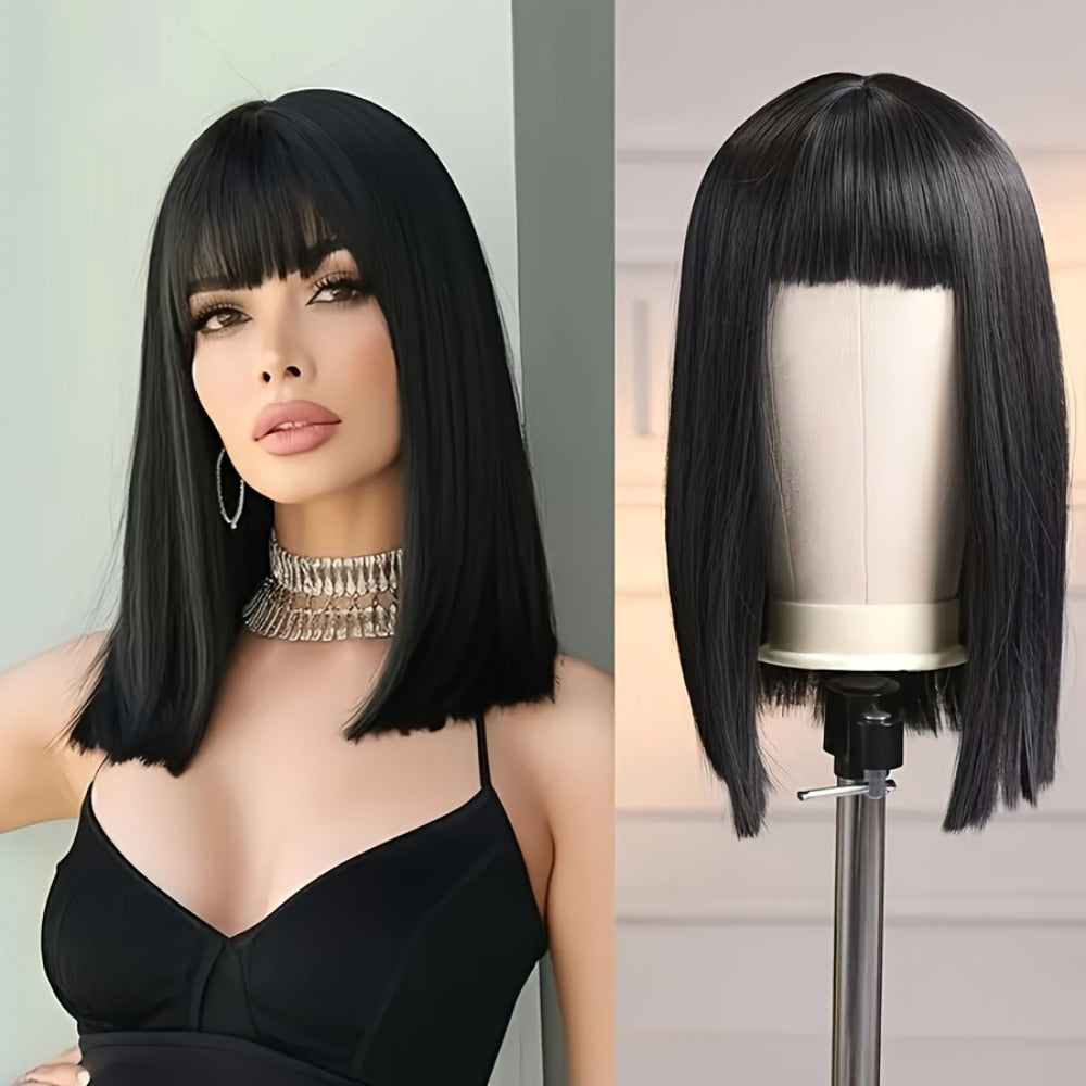 Synthetic Wig 16-Inch Black Straight Blunt Bob with Bangs, 180% Density and Rose Net Cap for Office Wear
