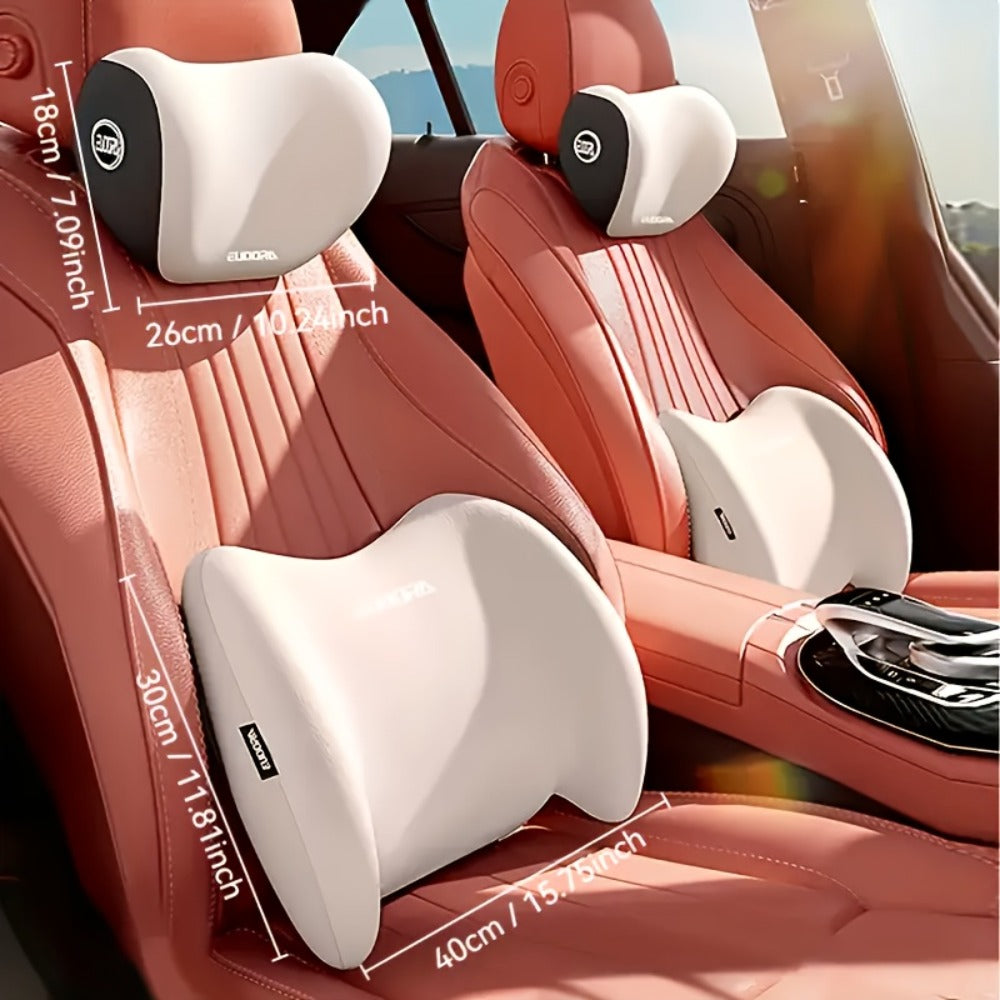 Car Headrest and Lumbar Cushion Set with Sponge Fill, Attachment Straps and Six Color Options for One Seat