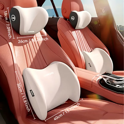 Car Headrest and Lumbar Cushion Set with Sponge Fill, Attachment Straps and Six Color Options for One Seat