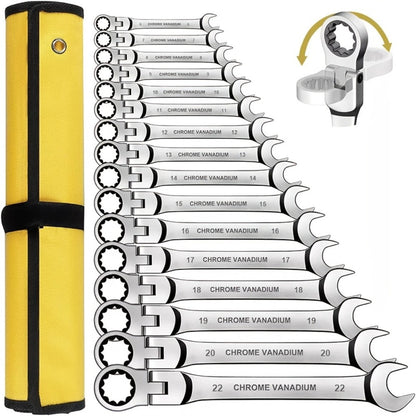 Ratcheting Wrench Set 16pcs Flex Head 180°, Metric 6-22mm CR-V Steel Combination Wrench Kit with 72-Tooth Ratchet & Organizer Bag