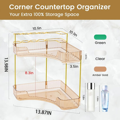 Corner Countertop Bathroom Organizer with 2- or 3-Tier Trays, Brush Rings and Four Color-Style Options