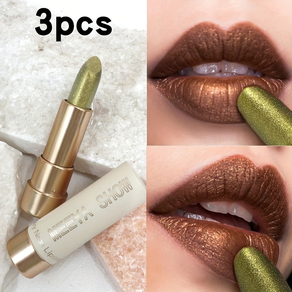 Sparkling Golden Brown Glitter Lipstick Set 3 Pcs, for Makeup, Travel and Everyday Vanity Use