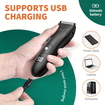 Groin Trimmer Men IPX7 Waterproof Ceramic Blade Electric Body Shaver – LCD Battery Display & Replaceable Head