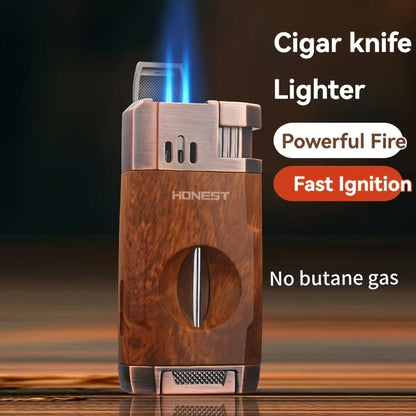 Cigar Torch Lighter with V-Shaped Cigar Cutter Built-in Clip Dual Windproof Jet Flame Visible for Entryways, Bedrooms and Living Spaces