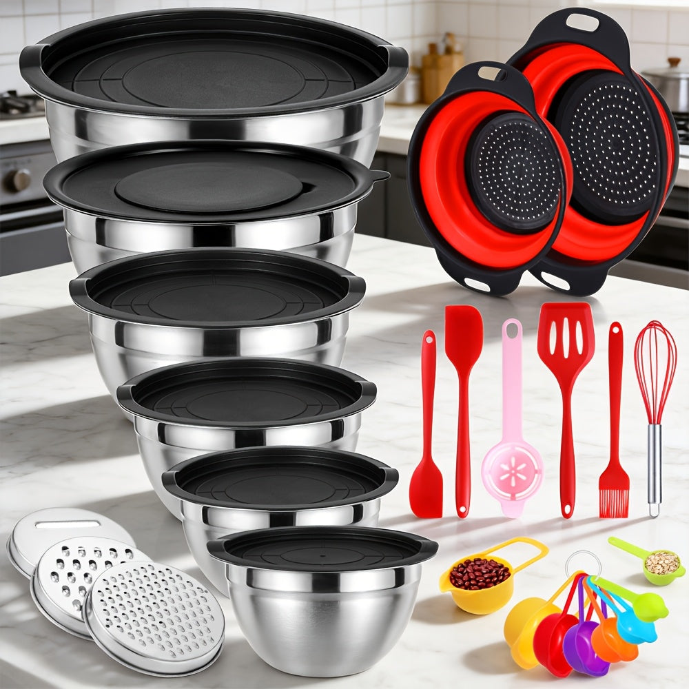 26-Piece Mixing Bowl Set with Six Nested Bowls, Black Lids, Grater Inserts and Kitchen Tools