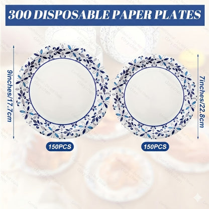 Disposable Paper Plates 300 Pack 9 Inch & 7 Inch Soak Proof Leaf Print for Party Family Gatherings Everyday Use