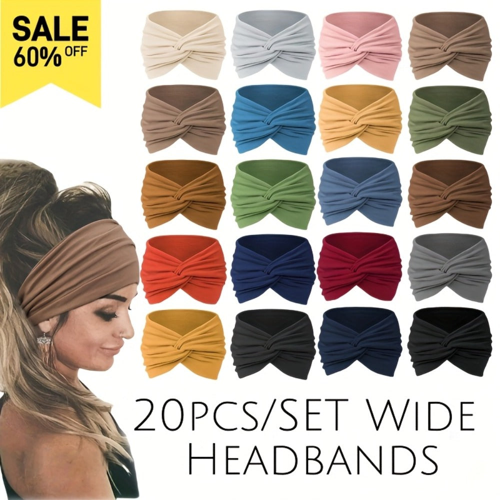 Stretchy Headbands 20 Pack for Women & Men – Soft Sweat-Wicking Non-Slip Elastic Turban Knot Hair Wraps Breathable Solid Colors for Yoga