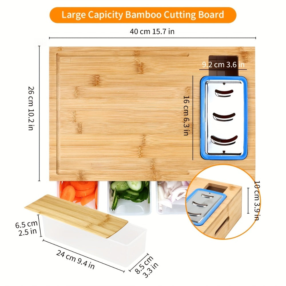 Bamboo Cutting Board with Food Container, Cheese Grater & Juice Groove – Large Wooden Chopping Board Set with Storage Box