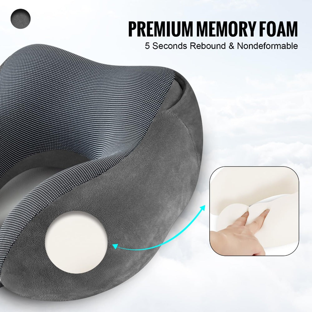 Hooded U-Shaped Travel Neck Pillow with Eye Mask, Carry Bag and Front Drawstrings in Pink, Blue, Black or Grey
