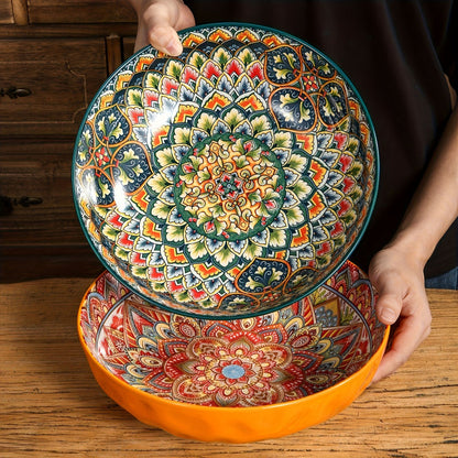 Ceramic Soup Bowl Set 2pcs Bohemian Floral Hand-Painted 25.8cm Vintage Tableware for Cooking Dining Gift