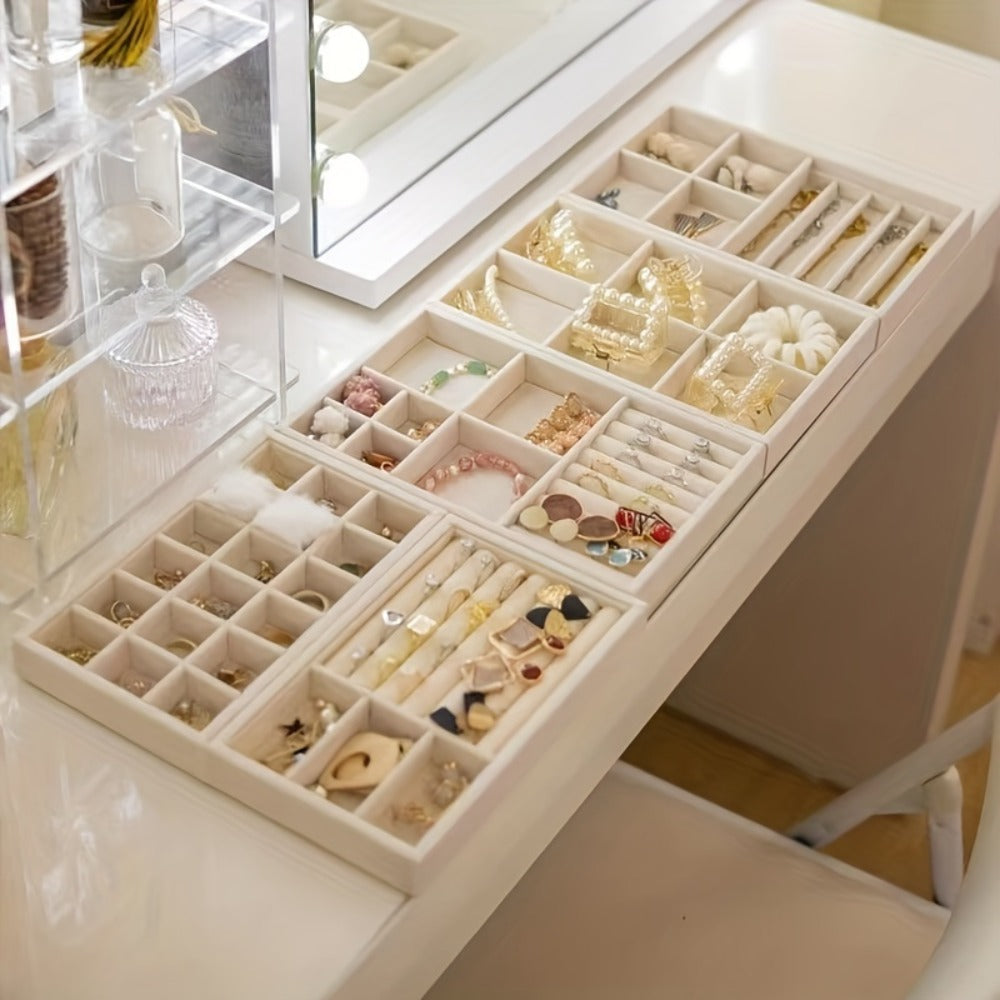 Stackable Jewelry Organizer Trays 6-Piece Set – Rectangular Multi-Compartment Drawer Inserts with Removable Dividers for Earrings, Rings