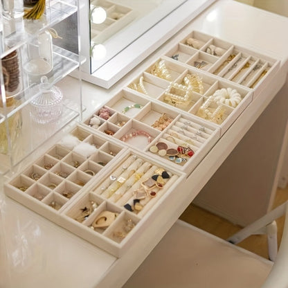 Stackable Jewelry Organizer Trays 6-Piece Set – Rectangular Multi-Compartment Drawer Inserts with Removable Dividers for Earrings, Rings