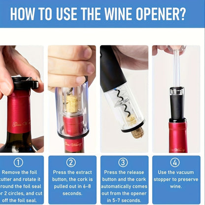 Electric Wine Opener Set 4-in-1 Rechargeable - USB-C Corkscrew with Blue LED, Vacuum Stopper