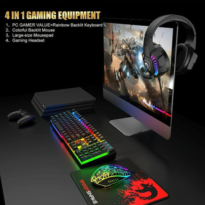 Complete 5-in-1 Gaming Setup Bundle RGB, 104 Keys Wired Keyboard, 2400 DPI Optical Mouse, Gaming Headphone