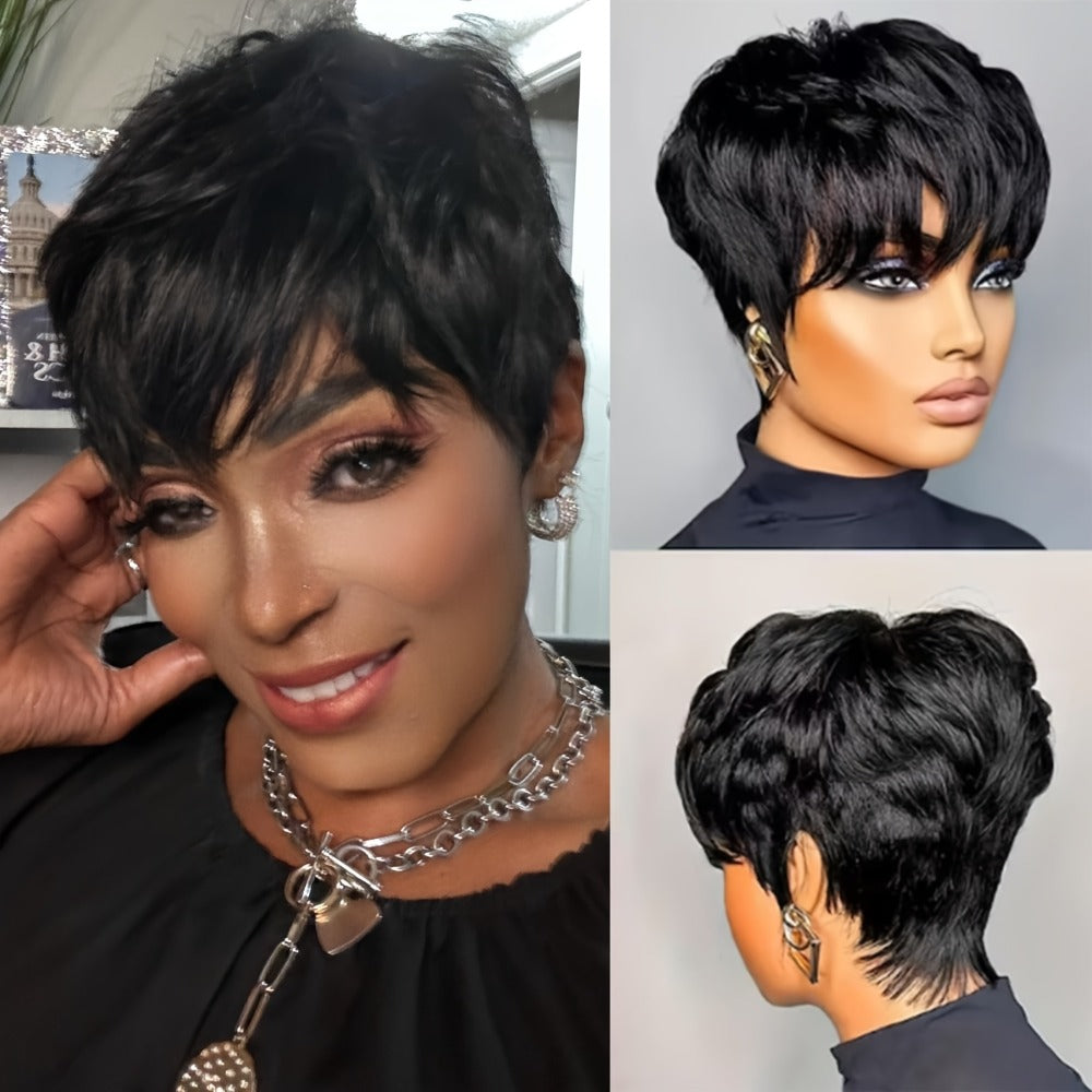 Short Fairy Pixie Human Hair Wig in 1B Black with 4-Inch Length and Full Machine-Made Cap Design