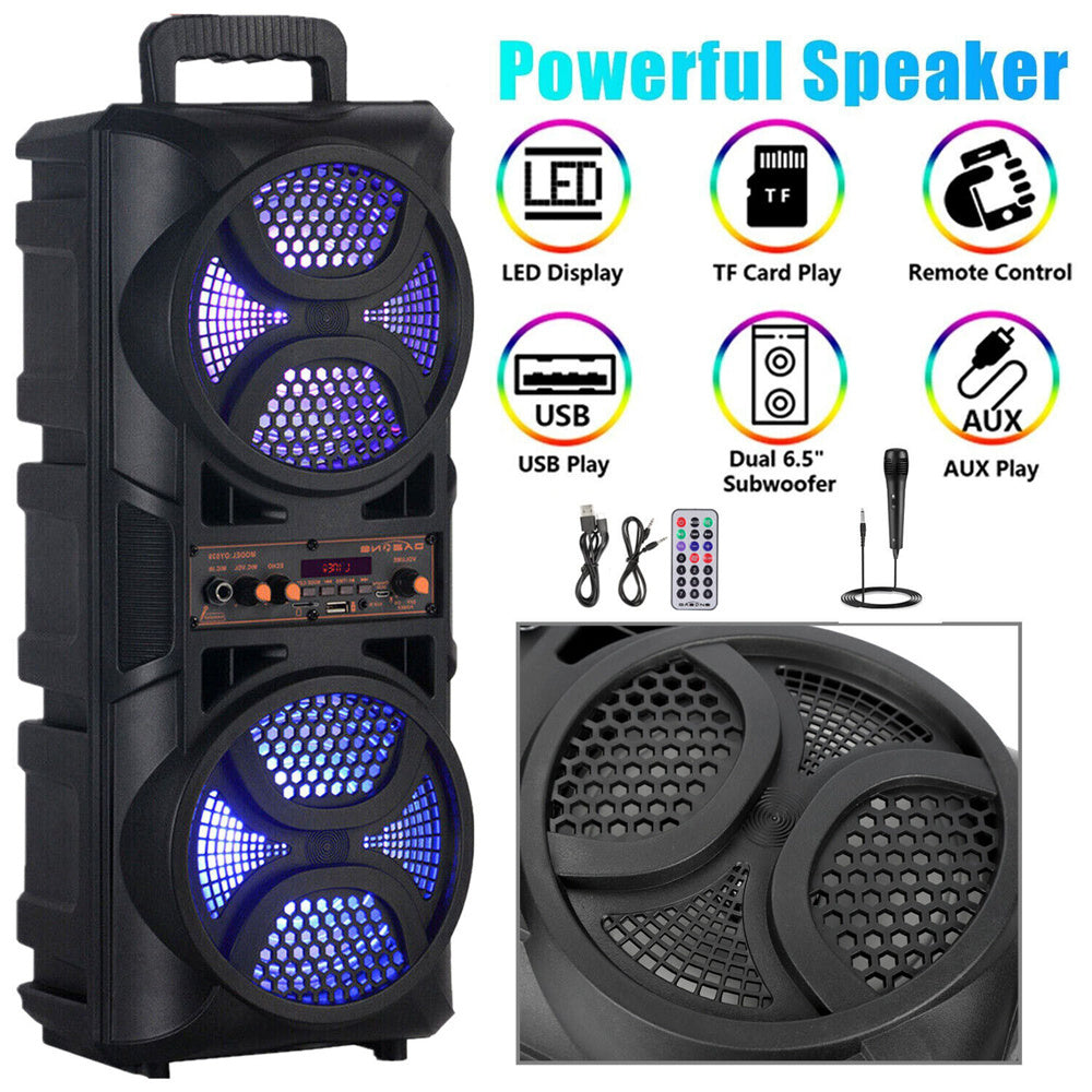 Bluetooth Speaker DAFENG Dual 6.5-Inch Karaoke Trolley with Wired Microphone, LED Lights, USB, TF and AUX