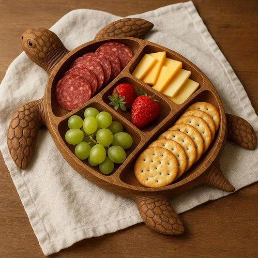 Turtle-Shaped Divided Serving Tray with Five Compartments for Snacks, Fruit, Cheese and Crackers